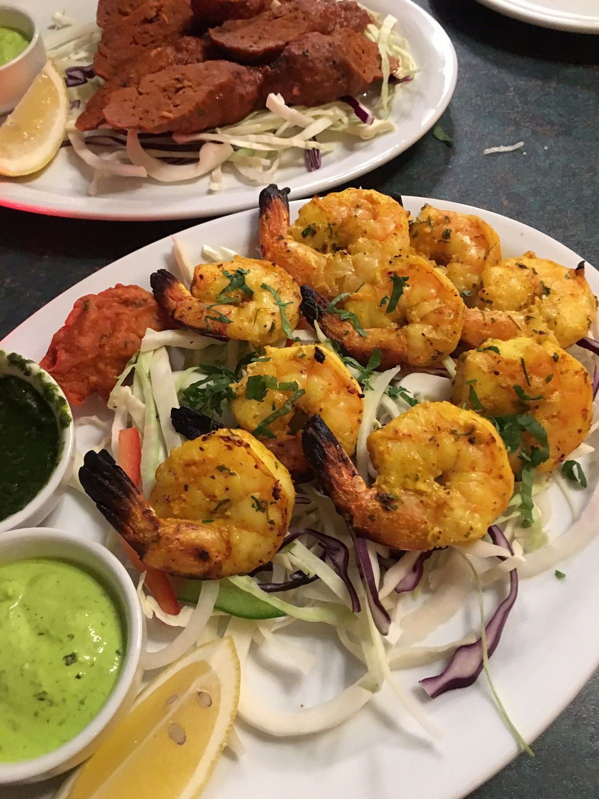 Tandoori prawns with mint chutney and lemon